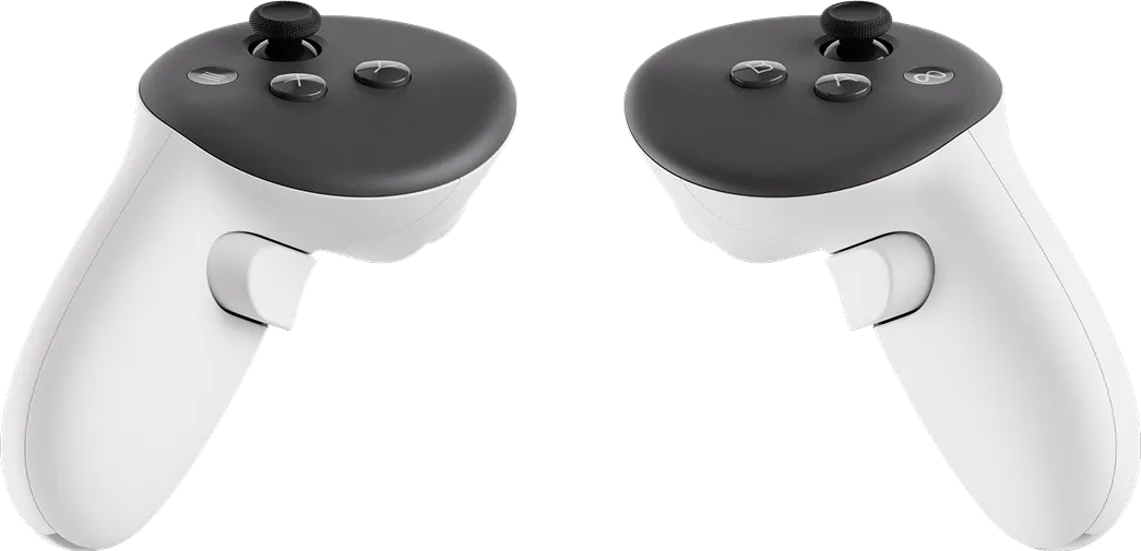 Due controller VR bianchi con parti superiori grigio scuro, joystick e pulsanti neri, su sfondo nero.