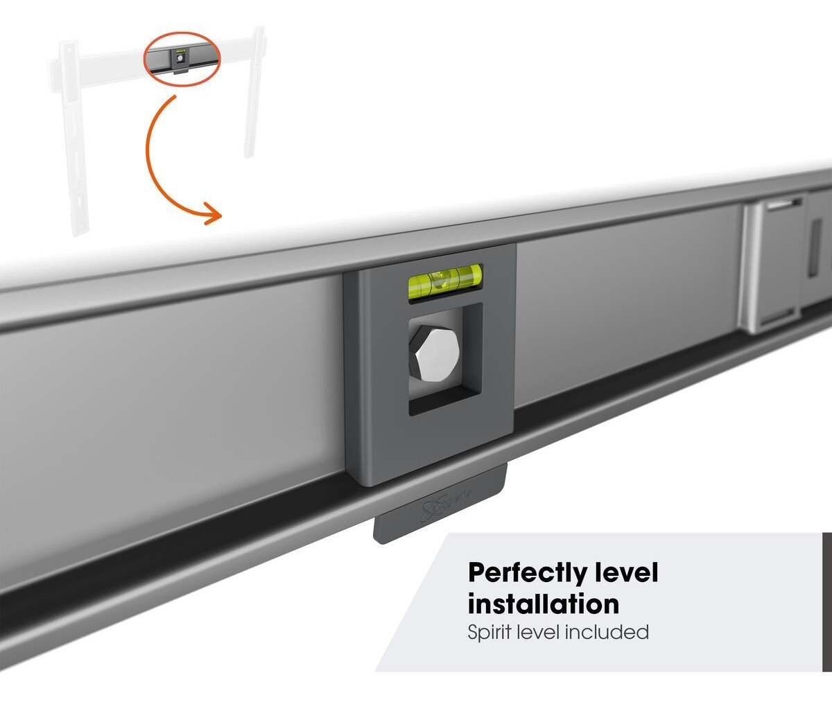 Poziomica z poziomicą jest przymocowana do szarego metalowego pręta. Tekst 'Idealny montaż' jest na dole.