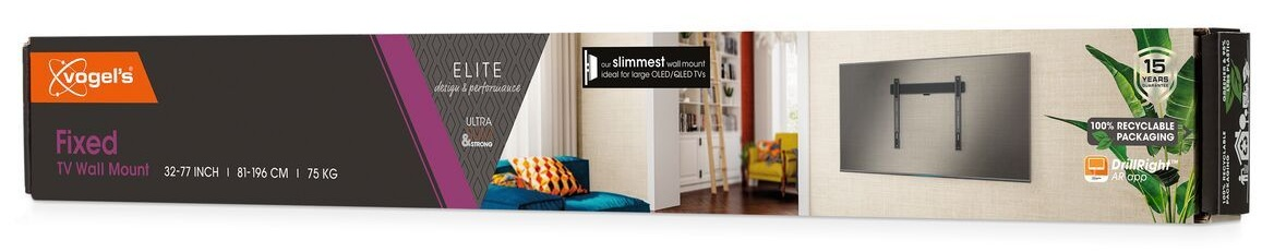 Pudełko na uchwyt ścienny do telewizora. Pokazuje telewizor zamontowany na ścianie. Tekst zawiera 'Fixed', 'Vogel's' i '15 lat gwarancji'.