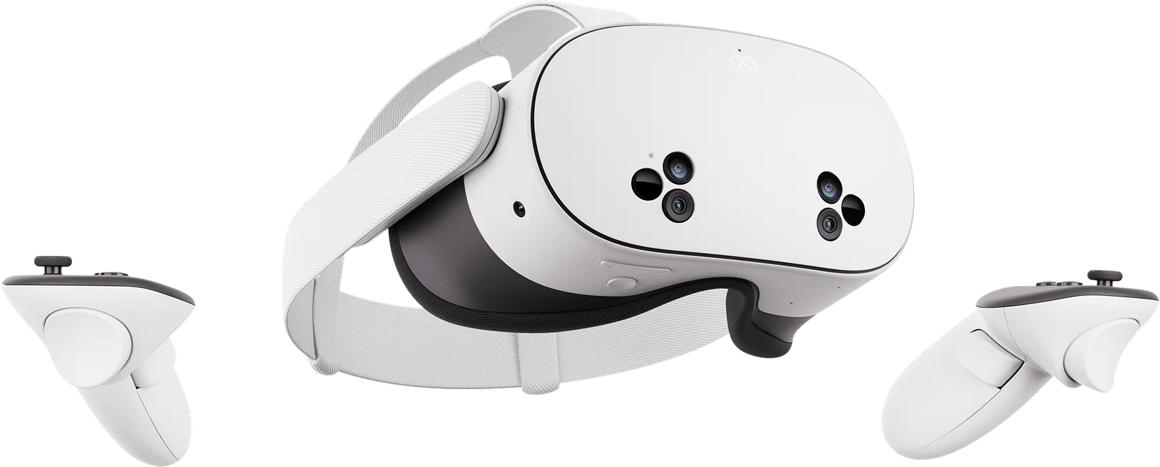 Un visore VR bianco con due controller. Il visore ha più telecamere e un cinturino. I controller sono bianchi e neri.