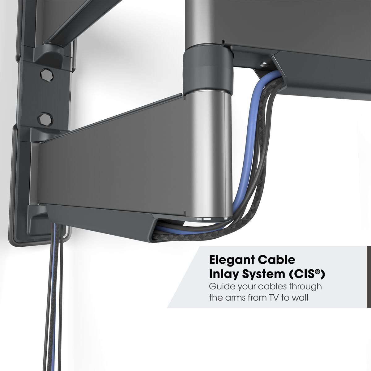 Zbliżenie uchwytu TV z kablami. Uchwyt jest szary, a kable czarne i niebieskie. Tekst mówi 'Elegant Cable Inlay System'.
