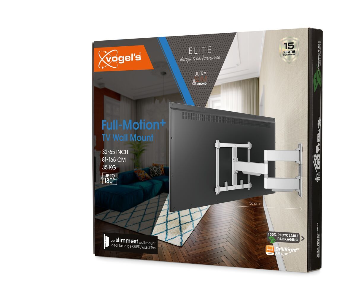 Pudełko uchwytu ściennego do telewizora pokazuje telewizor zamontowany na ścianie. Zawiera tekst wskazujący na pełny ruch i specyfikacje.