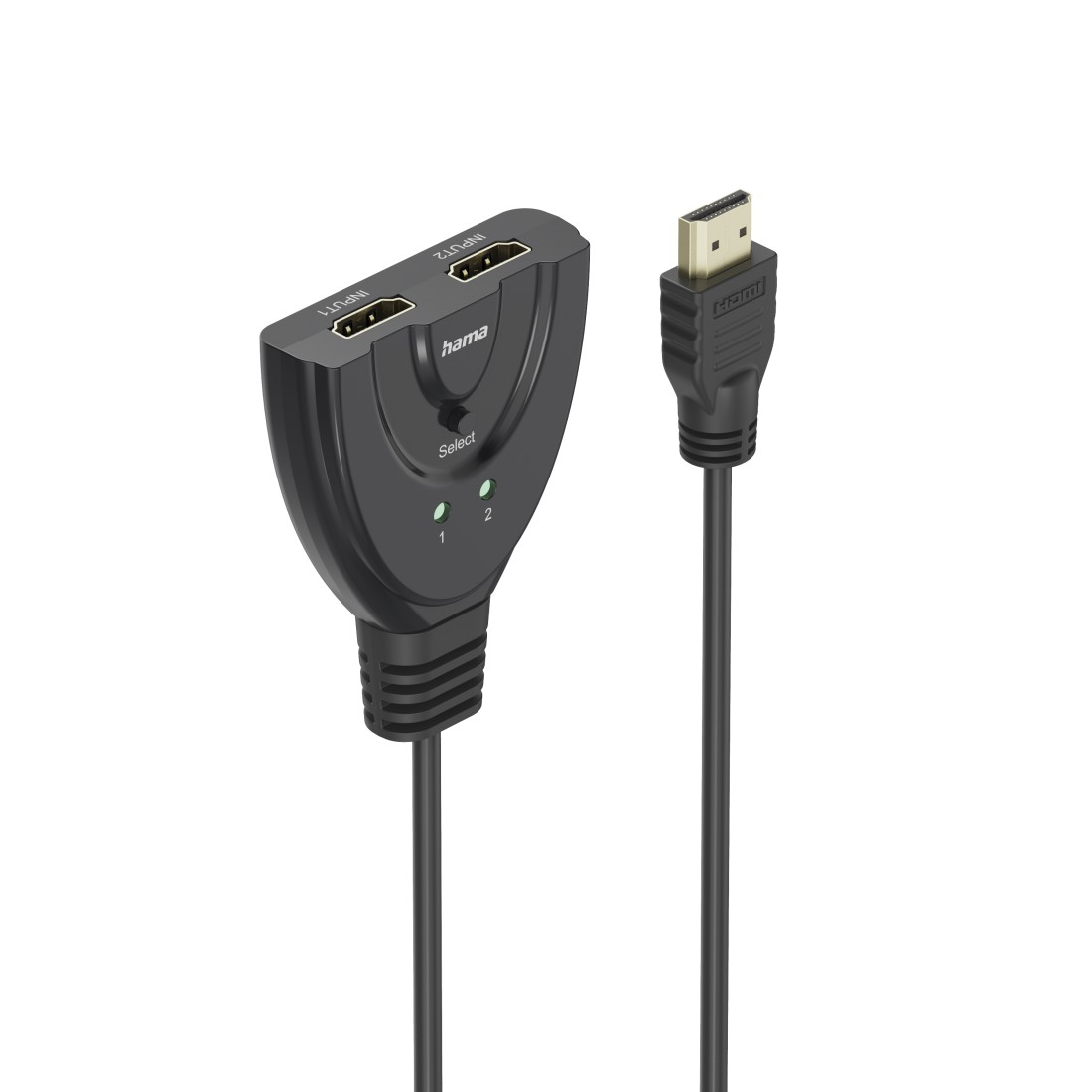 Ein schwarzer HDMI-Switch mit zwei Eingängen und einem Ausgang. Ein separates HDMI-Kabel ist angeschlossen. Der Switch trägt die Aufschrift 'hama' und 'Select'.