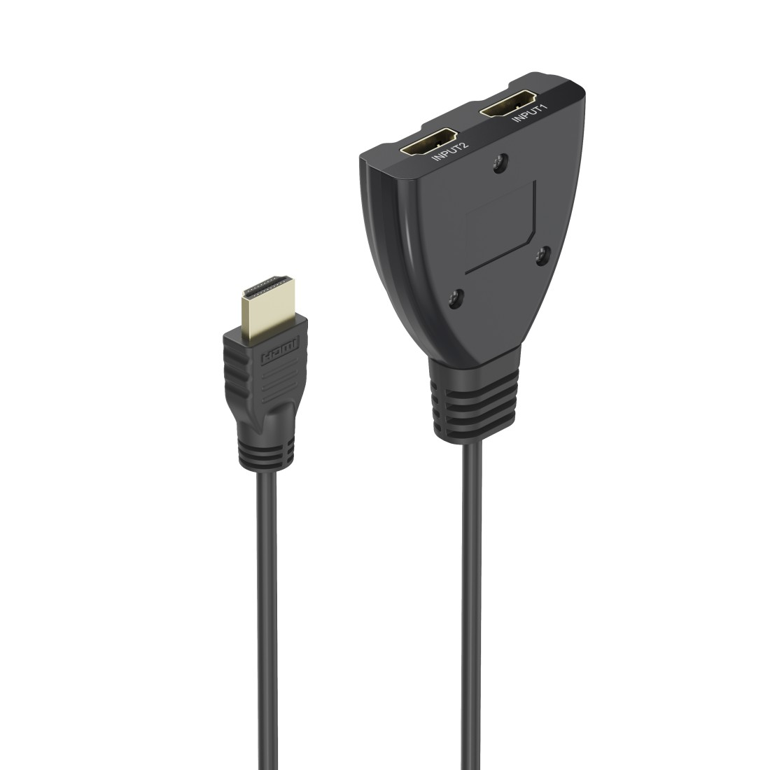 Ein schwarzer HDMI-Splitter mit Kabel und ein separates HDMI-Kabel werden vor weißem Hintergrund angezeigt.