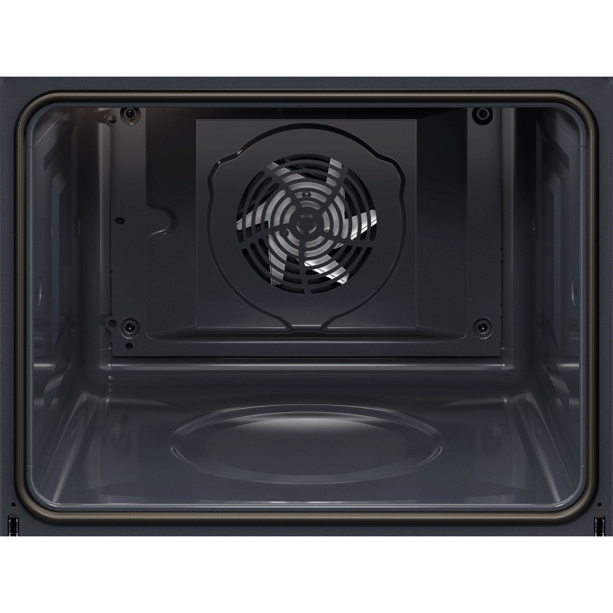 Wewnątrz czarnego piekarnika widoczny jest wentylator. Drzwi piekarnika są otwarte. Wnętrze jest metalicznie szare.