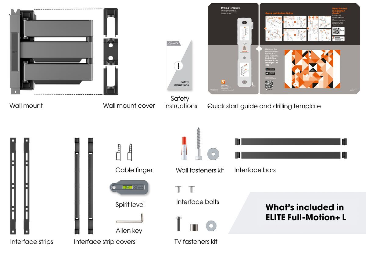 Zdjęcie przedstawia elementy zestawu montażowego do telewizora ELITE Full-Motion+ L. Zawiera uchwyt ścienny, instrukcje bezpieczeństwa i różne części instalacyjne.