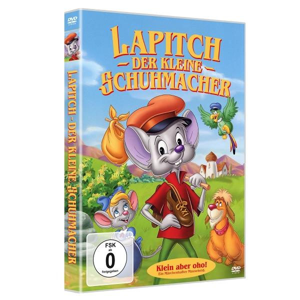 DVD-Cover für 'Lapitch der kleine Schuhmacher'. Eine Maus in rotem Hemd hält einen Schuh. Andere Zeichentrickfiguren und Gebäude sind im Hintergrund.