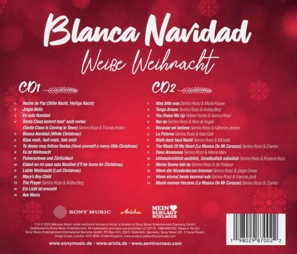 Albumcover mit weißem Text auf rotem Hintergrund. Es zeigt zwei CDs mit Songtiteln und Künstlernamen.