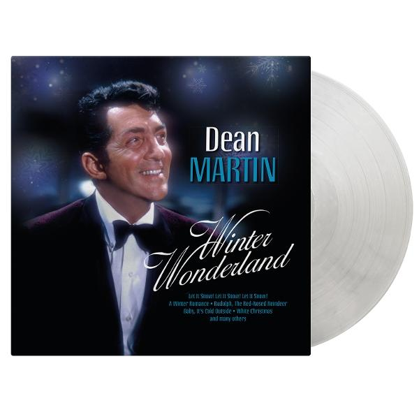 Albumcover von Dean Martins 'Winter Wonderland'. Zeigt Martin im Anzug, Albumcover und eine silberne Schallplatte.