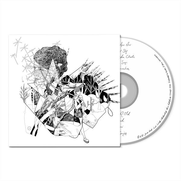 CD-Albumcover mit Schwarz-Weiß-Kunst. Eine Person ist mit geometrischen Formen gezeichnet. Daneben liegt eine CD.