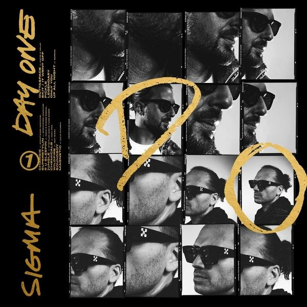 Albumcover mit Sigma-Logo, Titel "Day One". Mehrere Bilder eines Mannes mit Sonnenbrille in einem Rasterformat, mit goldenen Akzenten.