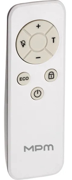 Biały pilot z przyciskami do światła, plus, minus i zasilania. Nazwa marki 'MPM' jest wydrukowana na dole.