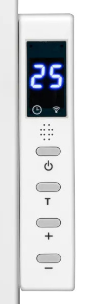 Biały panel sterowania z cyfrowym wyświetlaczem '25'. Przyciski: zasilanie, temperatura, plus i minus. Widoczne symbole zegara i wifi.