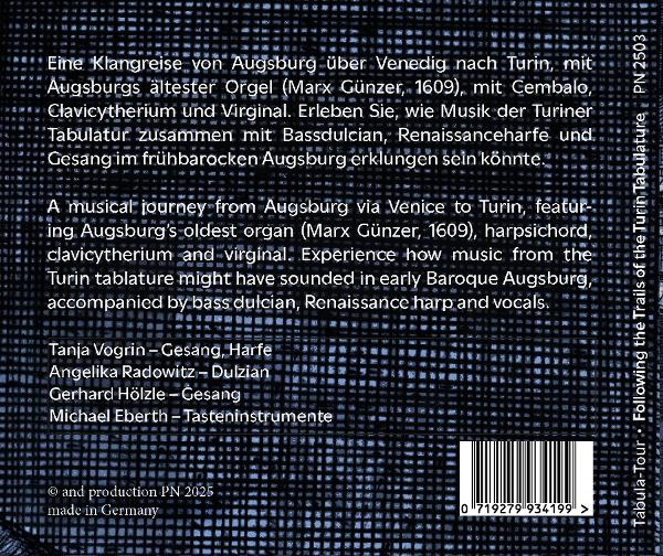 Text auf einer CD-Hülle: musikalische Reise, Orgel, Cembalo, Gesang, Renaissance-Harfe. Schwarzer Hintergrund, weißer Text.