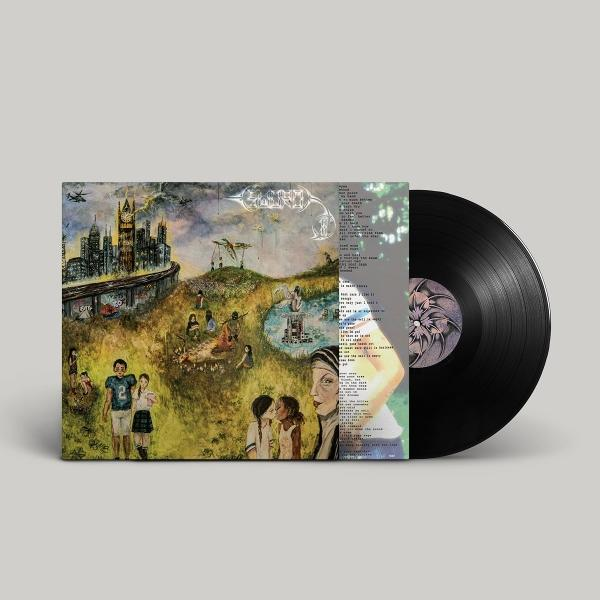 Eine Schallplatte mit Albumcover, das eine surreale Landschaft mit Figuren, einer Stadt und einer schwarzen Platte zeigt.