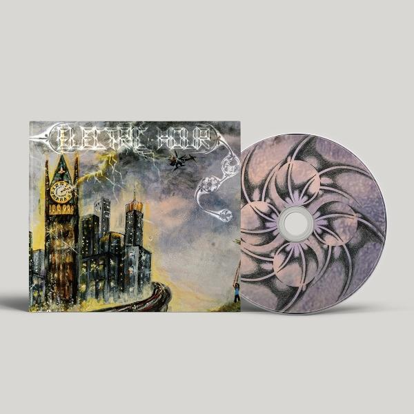 Albumcover mit Skyline, Blitz und CD. Die CD hat ein Blumendesign. Das Cover hat die Worte ELECTRIC HOUR.