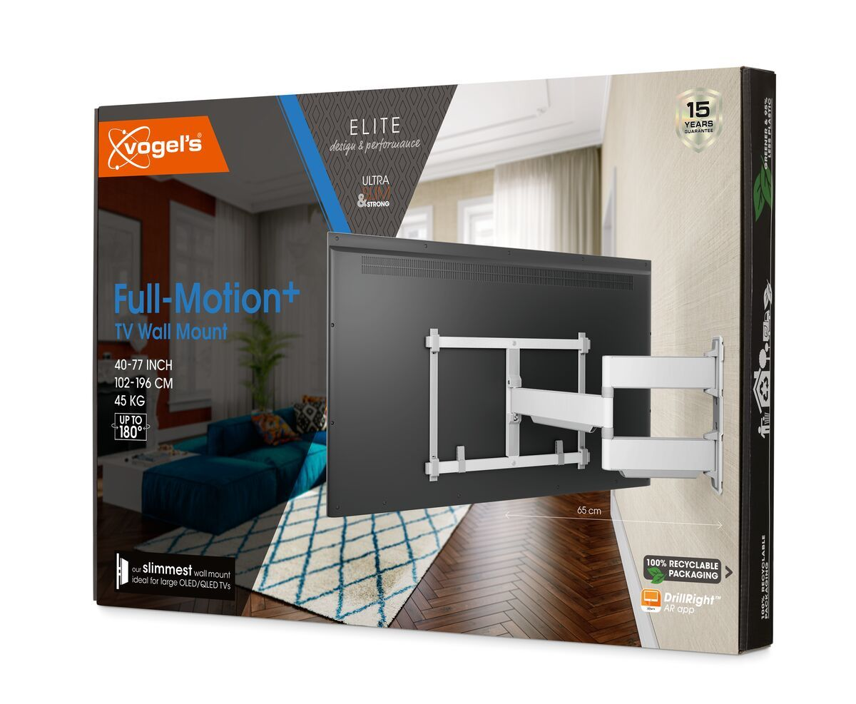 Pudełko uchwytu ściennego do telewizora z wyświetlonym telewizorem i uchwytem. Tekst zawiera 'Full-Motion+', specyfikacje rozmiaru i '100% opakowanie nadające się do recyklingu'.