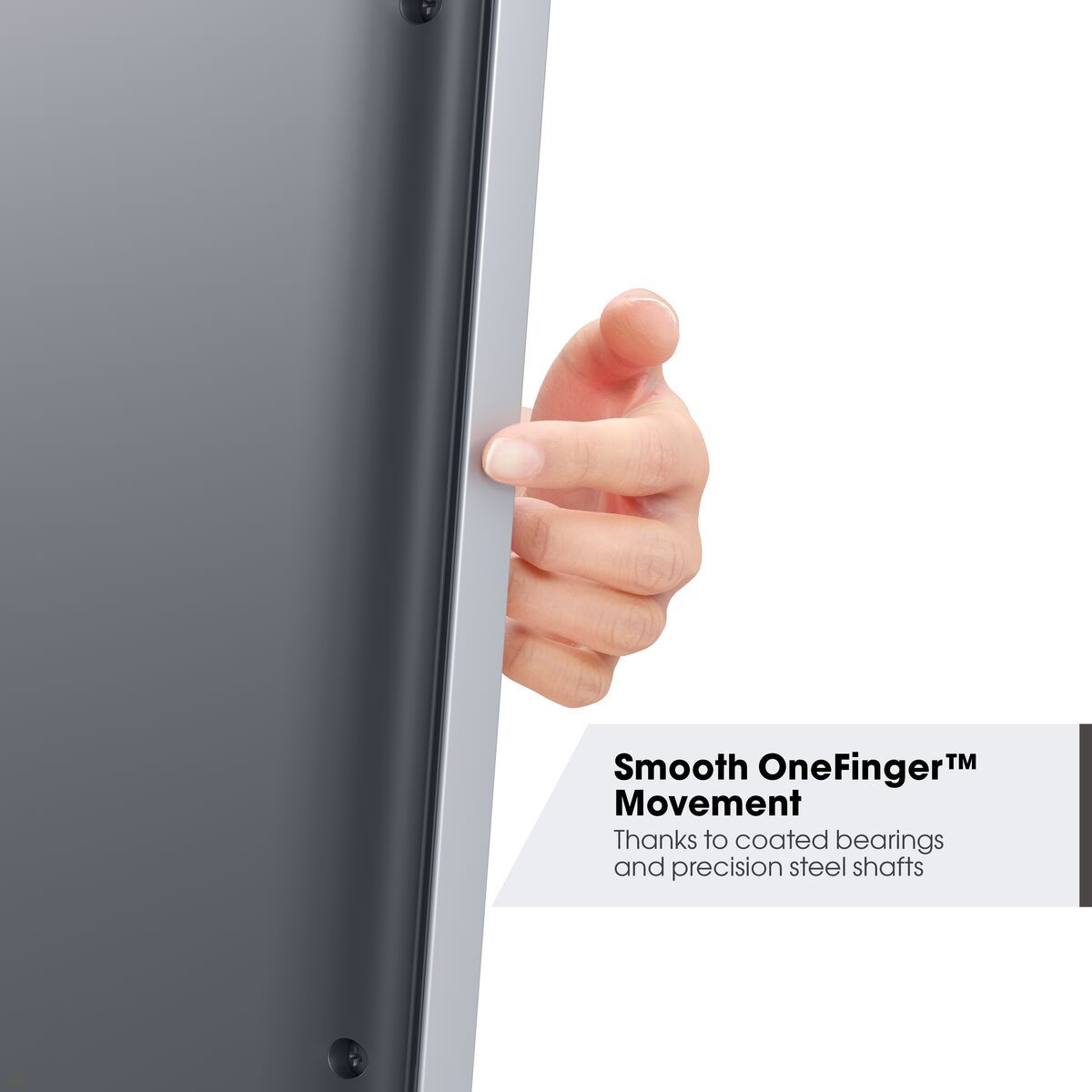 Ręka dotyka szarej powierzchni. Tekst głosi 'Smooth OneFinger Movement'. Tło jest białe.