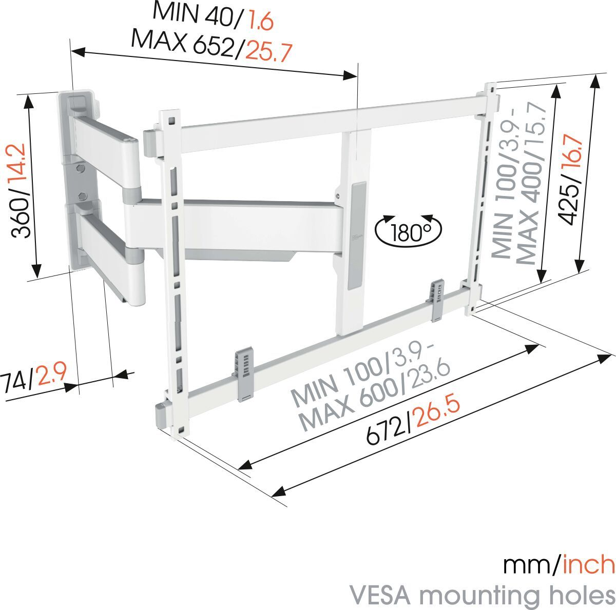 Biały uchwyt TV z wymiarami w mm/calach. Pokazuje wymiary otworów montażowych VESA i zakres obrotu.