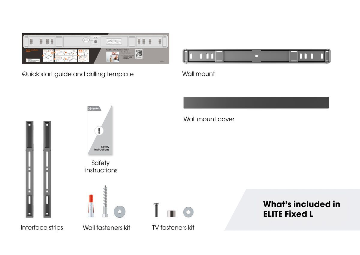 Obraz przedstawia zestaw do montażu ściennego telewizora, w tym skróconą instrukcję obsługi, uchwyt ścienny, osłonę, paski interfejsu i elementy mocujące.