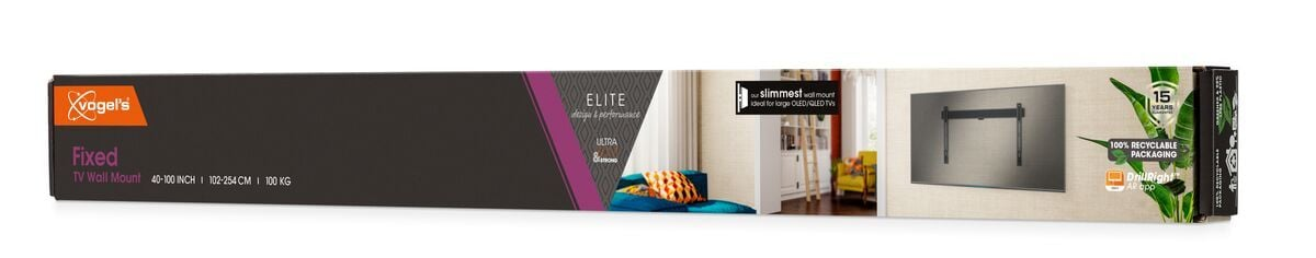 Pudełko uchwytu ściennego do telewizora Vogel's. Przedstawia telewizor zamontowany na ścianie. Pudełko wyświetla szczegóły i funkcje produktu.