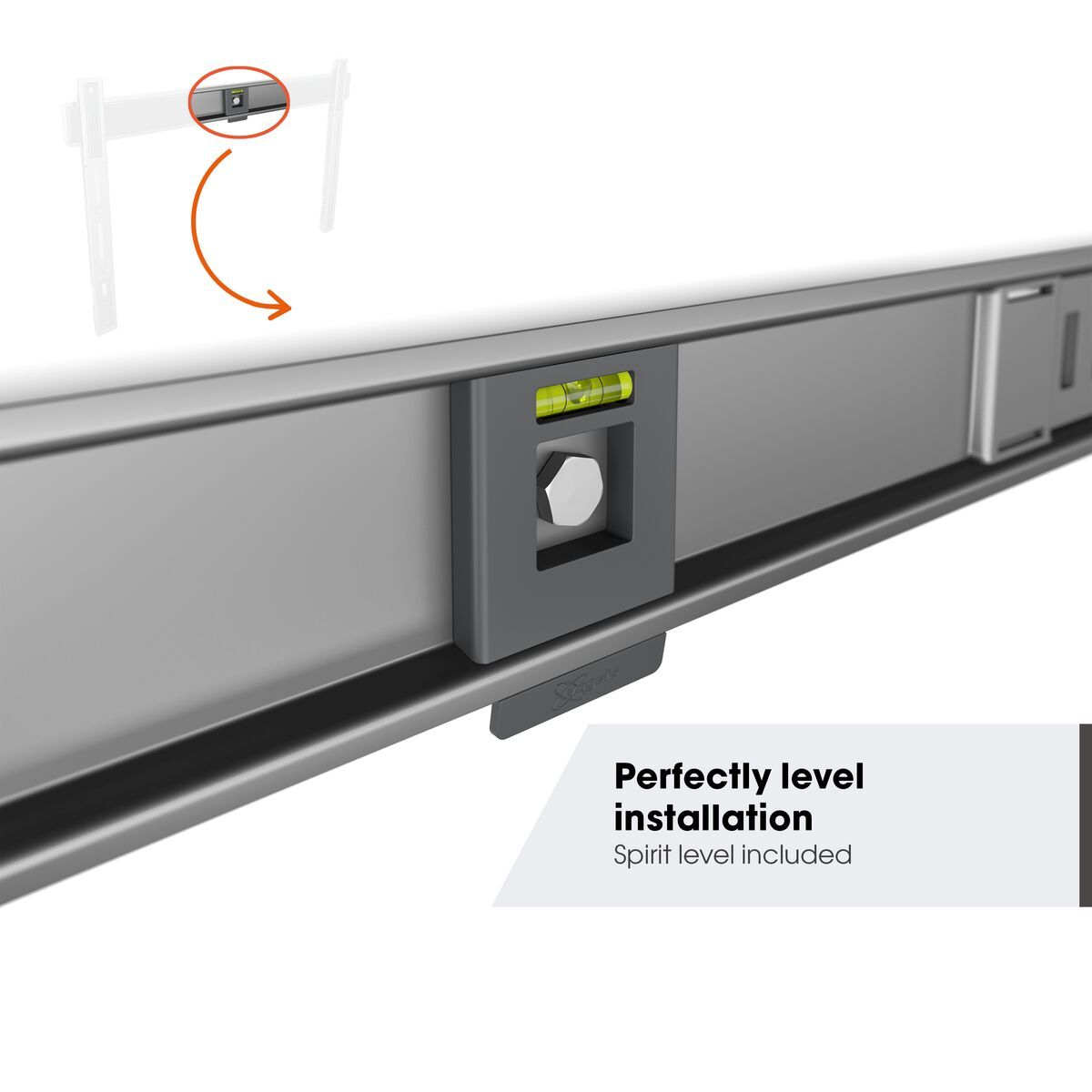 Szare narzędzie instalacyjne z poziomicą i śrubą, jest idealnie wypoziomowane. Tekst mówi: 'Idealnie wypoziomowany montaż'.