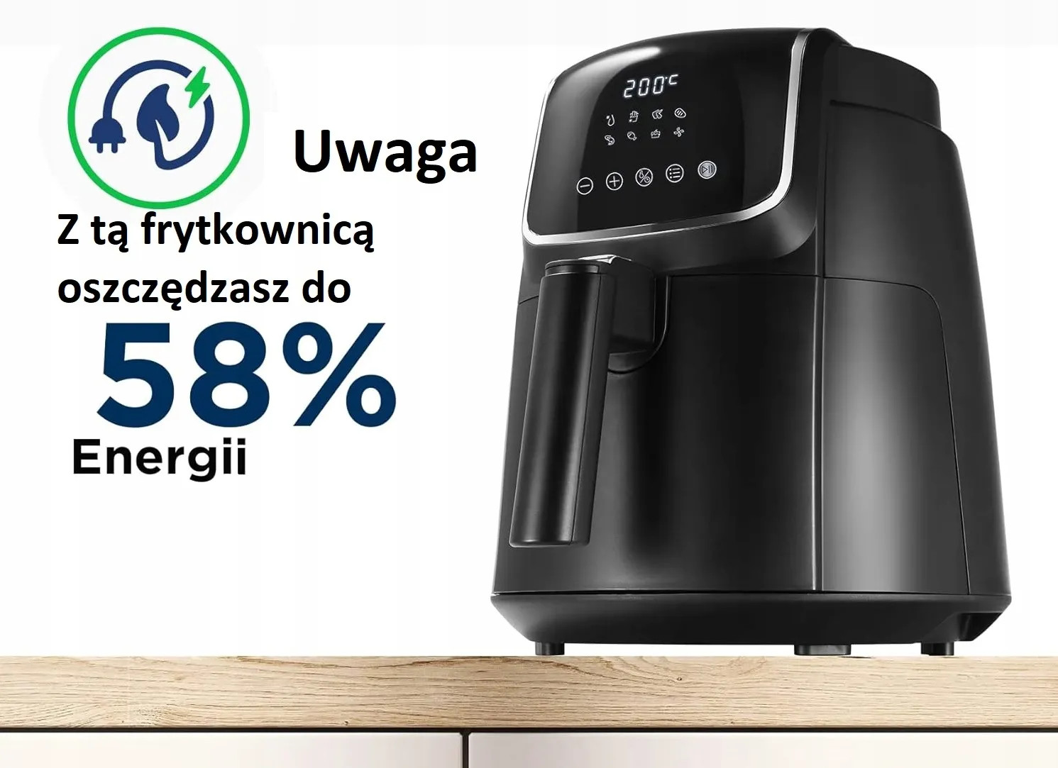 Czarna frytkownica na drewnianej powierzchni. Tekst pokazuje oszczędność energii do 58%. Zielono-niebieskie logo po lewej.