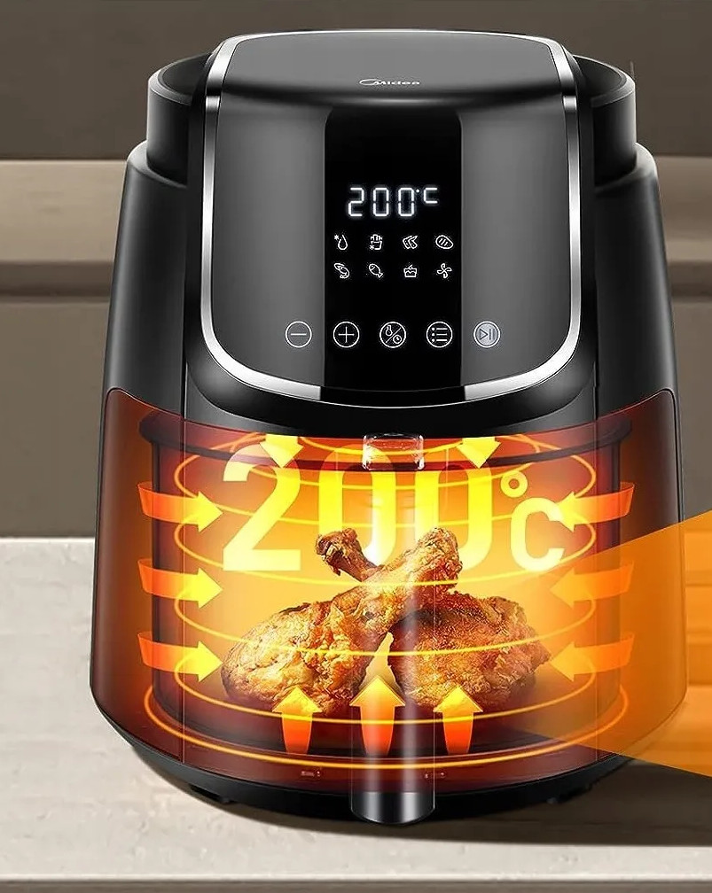 Czarna frytkownica powietrzna z udoami z kurczaka w środku. Pokazuje 200°C. Strzałki pokazują obieg ciepła. Frytkownica jest włączona.