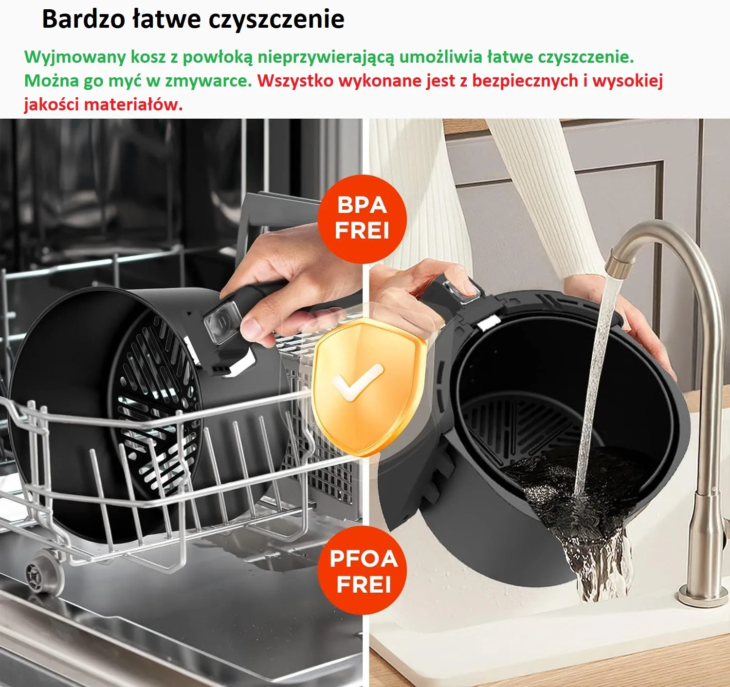 Kosz do frytownicy powietrznej w trakcie czyszczenia. Jeden w zmywarce, drugi pod kranem. Widoczne etykiety bez BPA/PFOA.