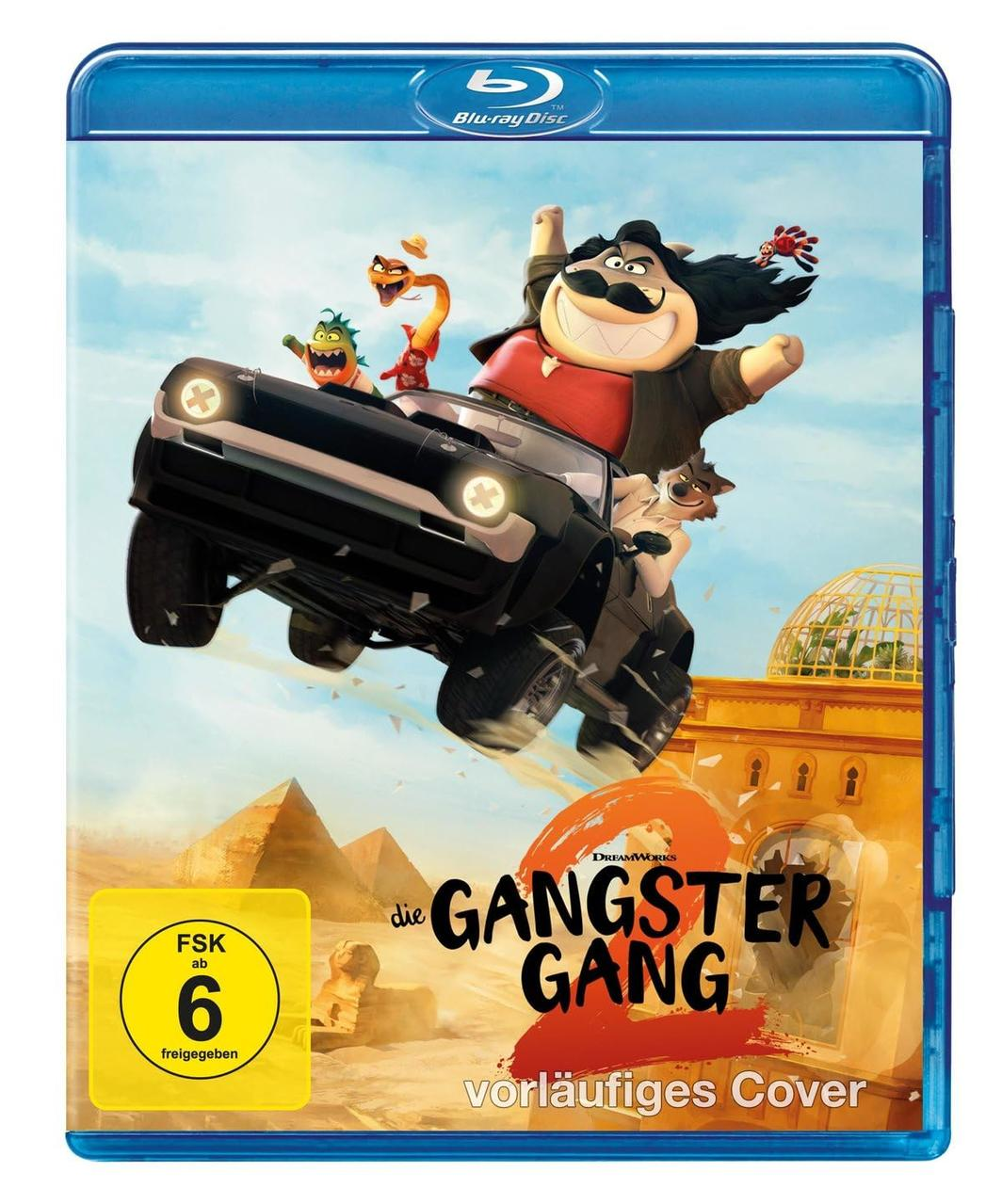 Blu-ray-Cover von 'Die Gangster Gang 2'. Charaktere in einem Auto, Pyramiden im Hintergrund. FSK 6-Aufkleber.