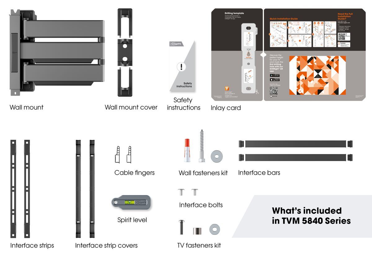 Obraz przedstawia elementy zestawu do montażu TV: uchwyt ścienny, osłonę, instrukcje i różne elementy sprzętowe.