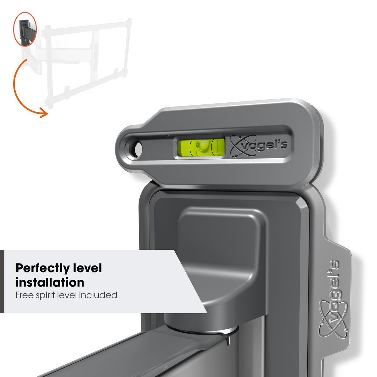 Szary poziomica Vogel's. Widoczny pęcherzyk powietrza. Tekst: 'Idealnie pozioma instalacja. Poziomica w zestawie'.