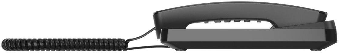 Czarny telefon stacjonarny ze skręconym kablem. Telefon jest na białym tle. Słuchawka jest zakrzywiona.