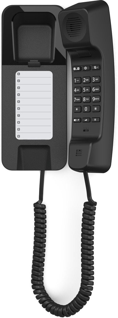 Czarny telefon naścienny z klawiaturą, słuchawką i książką telefoniczną. Posiada spiralny przewód i białe tło.