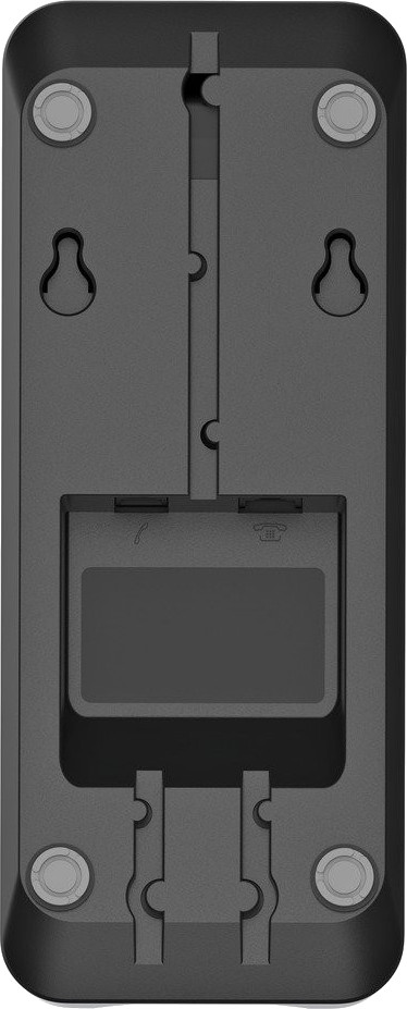 Czarne urządzenie montowane na ścianie z zagłębionym obszarem, przyciskami i małym ekranem. Ma ikonę telefonu i obraz telefonu.