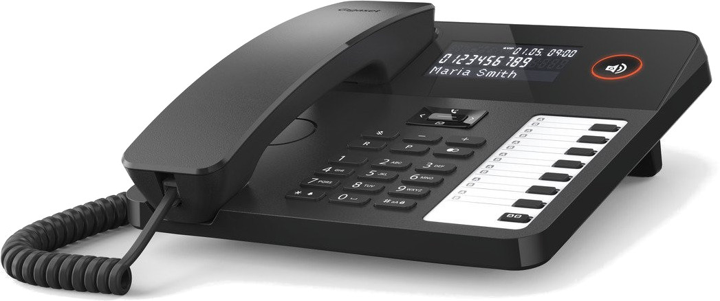 Czarny telefon bezprzewodowy z wyświetlaczem pokazującym numer telefonu i nazwisko. Ma klawiaturę i przycisk głośnika.