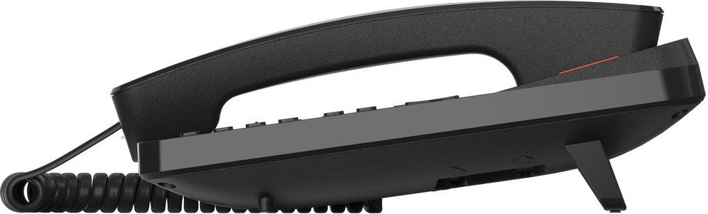 Czarny telefon stacjonarny ze skręconym kablem. Słuchawka jest w górze. Baza ma przyciski i stojak.