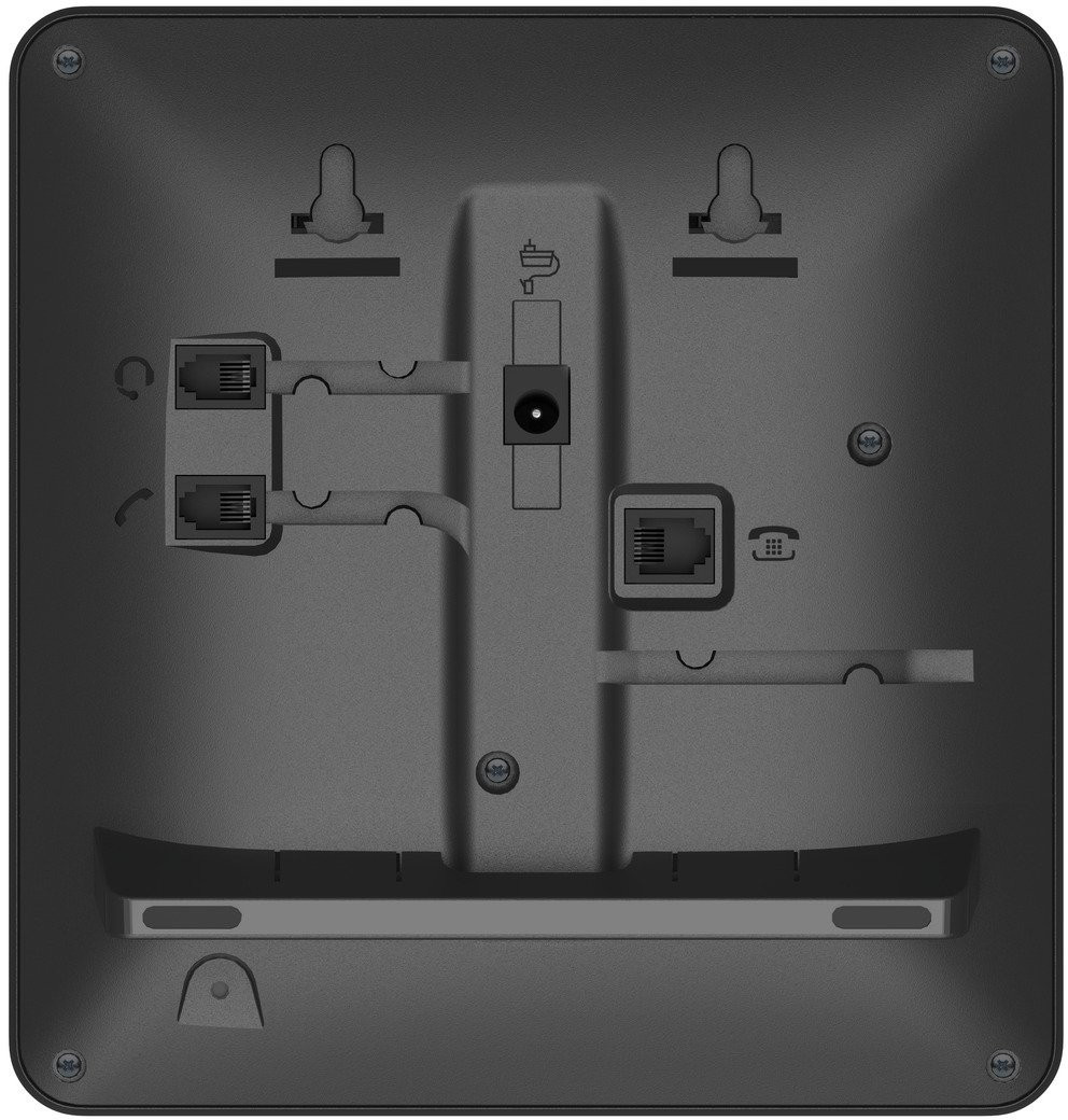 Czarna podstawa telefonu z różnymi złączami, portami i punktami montażowymi. Zawiera porty RJ45, zasilania i linii telefonicznej.