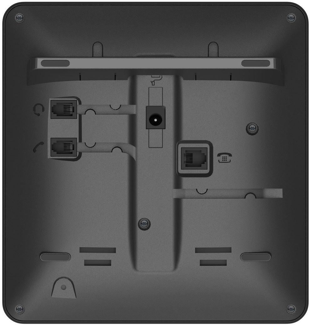 Zbliżenie tylnej części ciemnoszarego urządzenia. Posiada różne porty, w tym Ethernet i zasilanie, a także ikonę słuchawki.