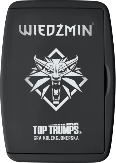 Czarna skrzynka gry karcianej. Srebrny tekst 'Wiedźmin' i logo wilka. 'Top Trumps' i polski tekst poniżej.