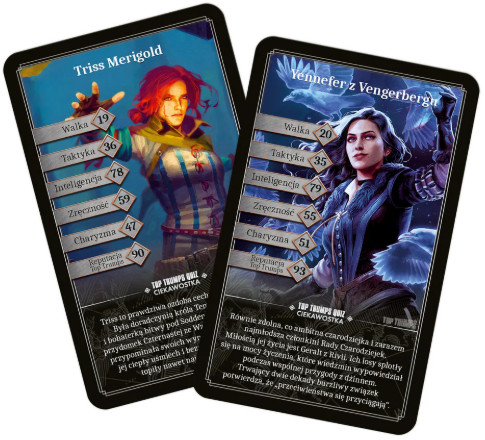 Dwie karty do gry z postaciami żeńskimi, Triss Merigold i Yennefer. Karty mają statystyki i opisy postaci. Tło jest niebieskie.