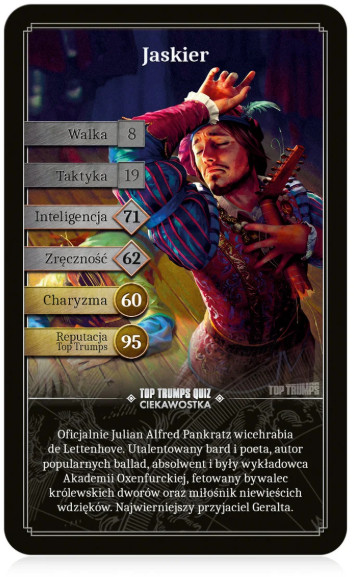 Karta Jaskra. Mężczyzna z lutnią, w kolorowym stroju. Statystyki: Walka 8, Taktyka 19, Inteligencja 71, itd.