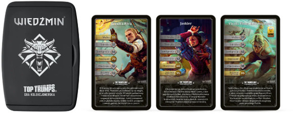 Czarne etui na karty Top Trumps z trzema kartami postaci z Wiedźmina. Karty przedstawiają postacie ze statystykami.