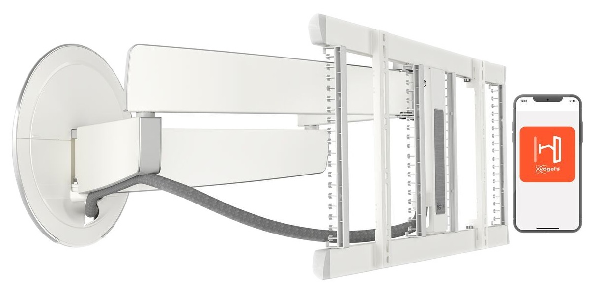 Biały uchwyt ścienny z ramieniem trzymającym uchwyt do ekranu. Telefon wyświetla aplikację z logo.