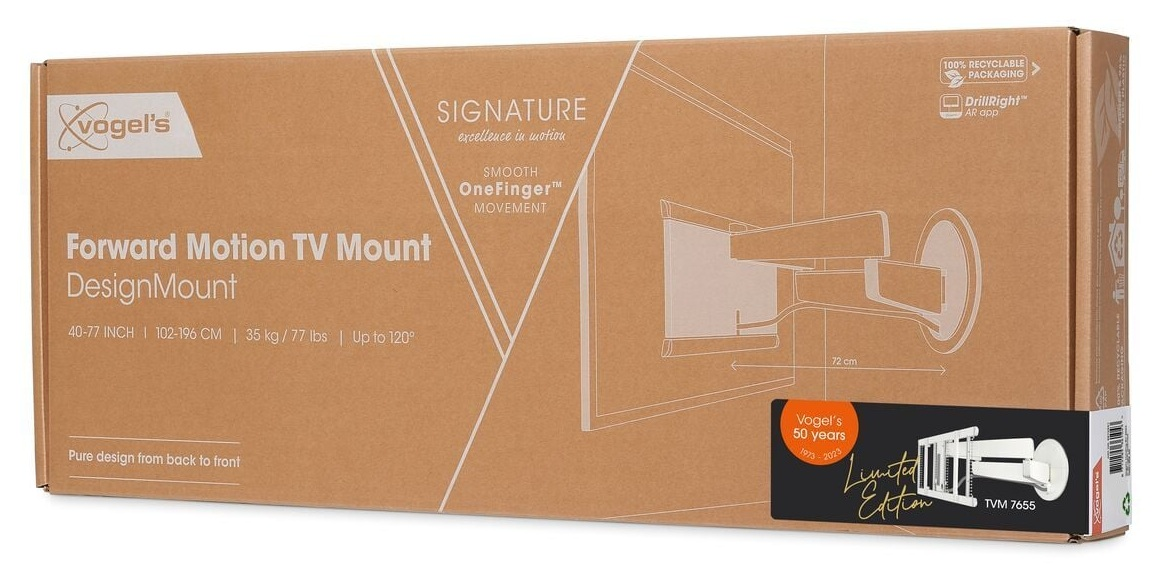 Karton z uchwytem TV Vogel's Forward Motion. Tekst: 'DesignMount' i 'Limited Edition'.