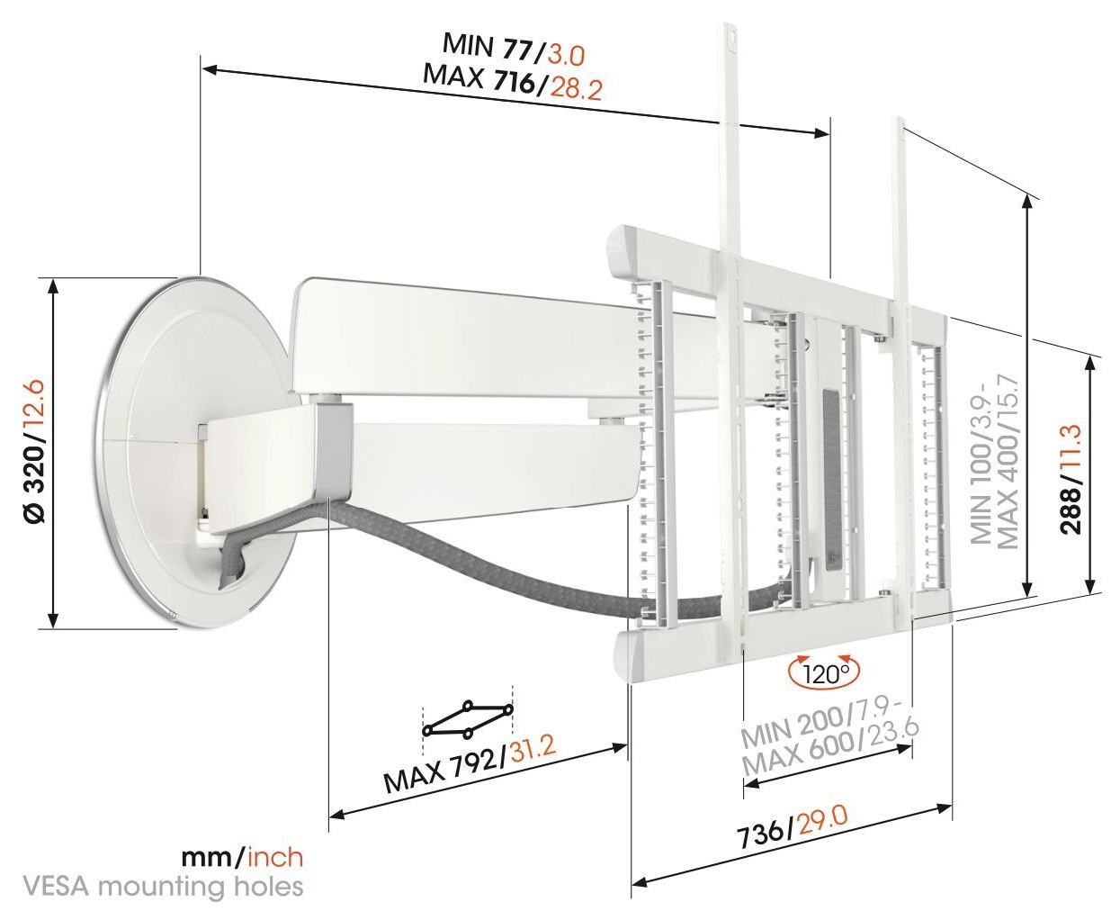 Schemat uchwytu ściennego. Ma wymiary w mm i calach. Zawiera otwory montażowe VESA i szczegóły kątowe.