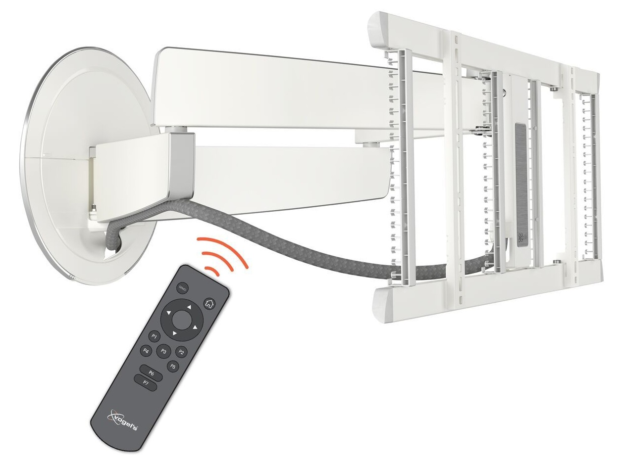 Biały uchwyt do telewizora z pilotem. Uchwyt jest przymocowany do ściany kablem. Pilot ma przyciski.