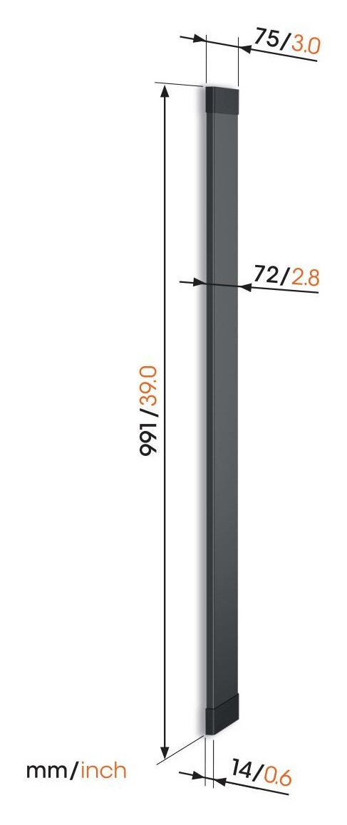 Czarny, prostokątny pręt z wymiarami w mm i calach. Pomiary obejmują długość, szerokość i grubość.
