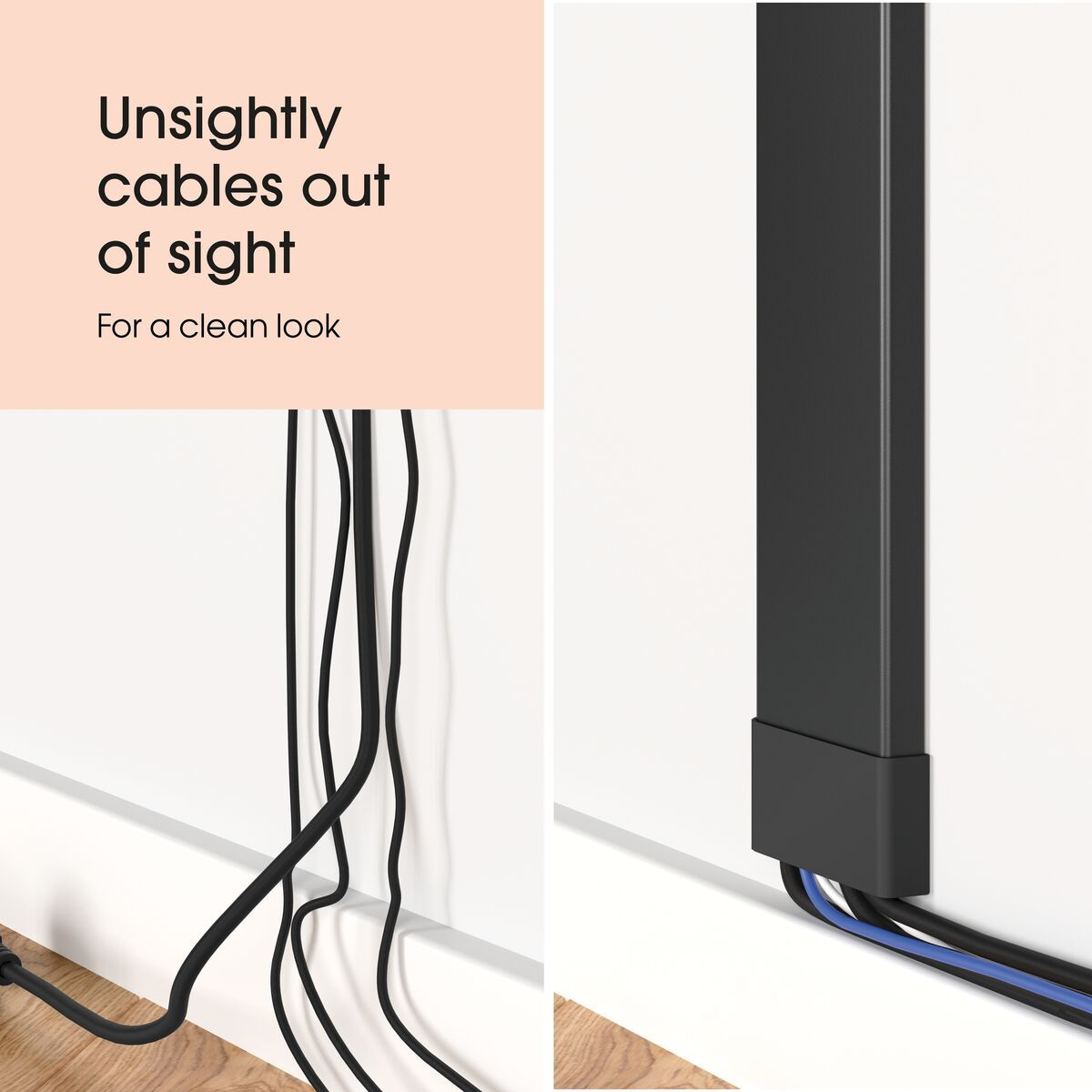 Obraz przedstawia czarne kable biegnące wzdłuż białej ściany, niektóre ukryte w czarnej osłonie kablowej, dla czystego wyglądu.