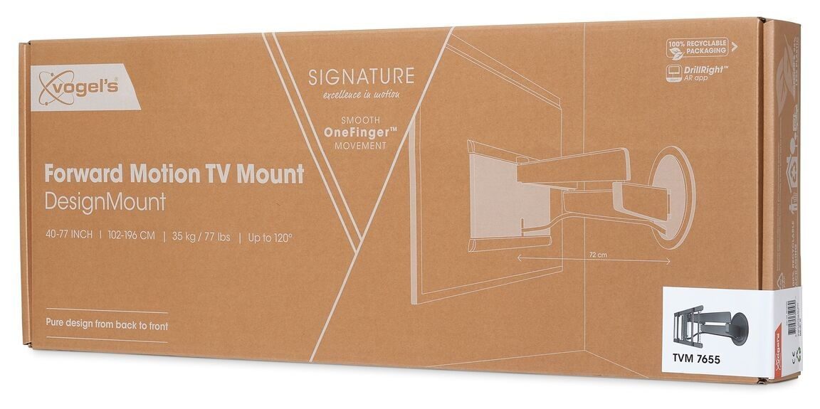 Kartonowe pudełko na uchwyt do telewizora. Ma markę, szczegóły techniczne i ilustrację uchwytu. Jest brązowe.